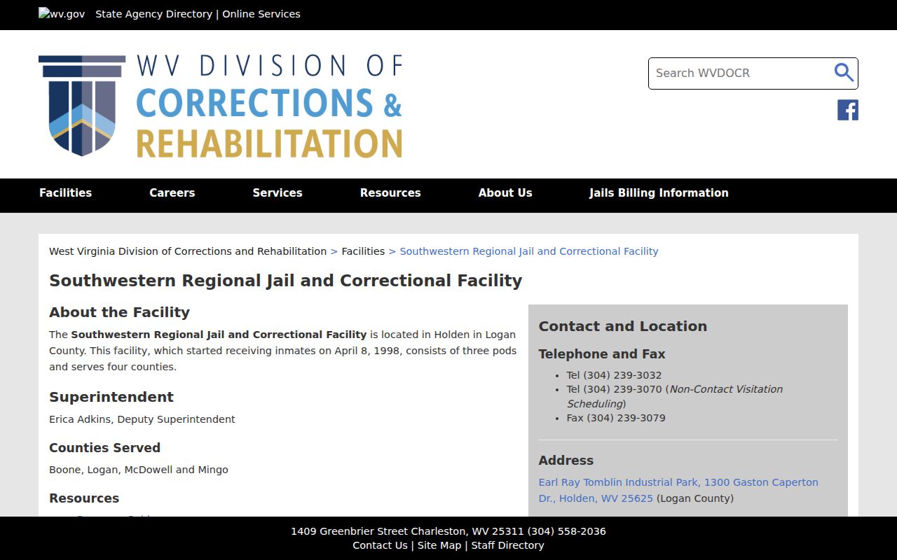 Southwestern Regional Jail page for Logan County arrest bookings