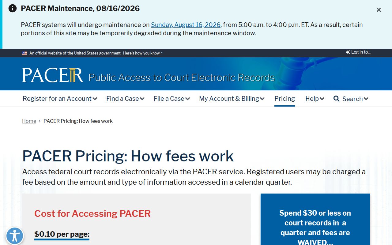 PACER fees for federal Logan County court case lookup