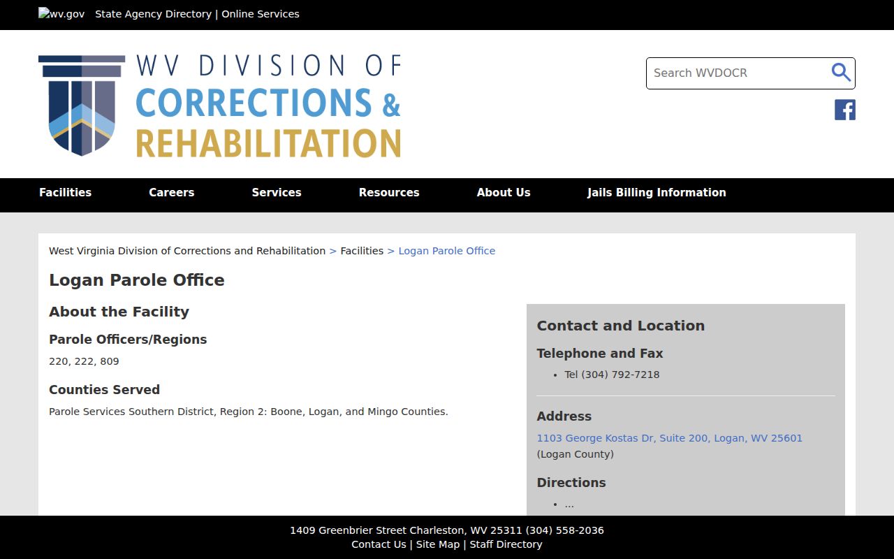 West Virginia DCR Logan Parole Office information page